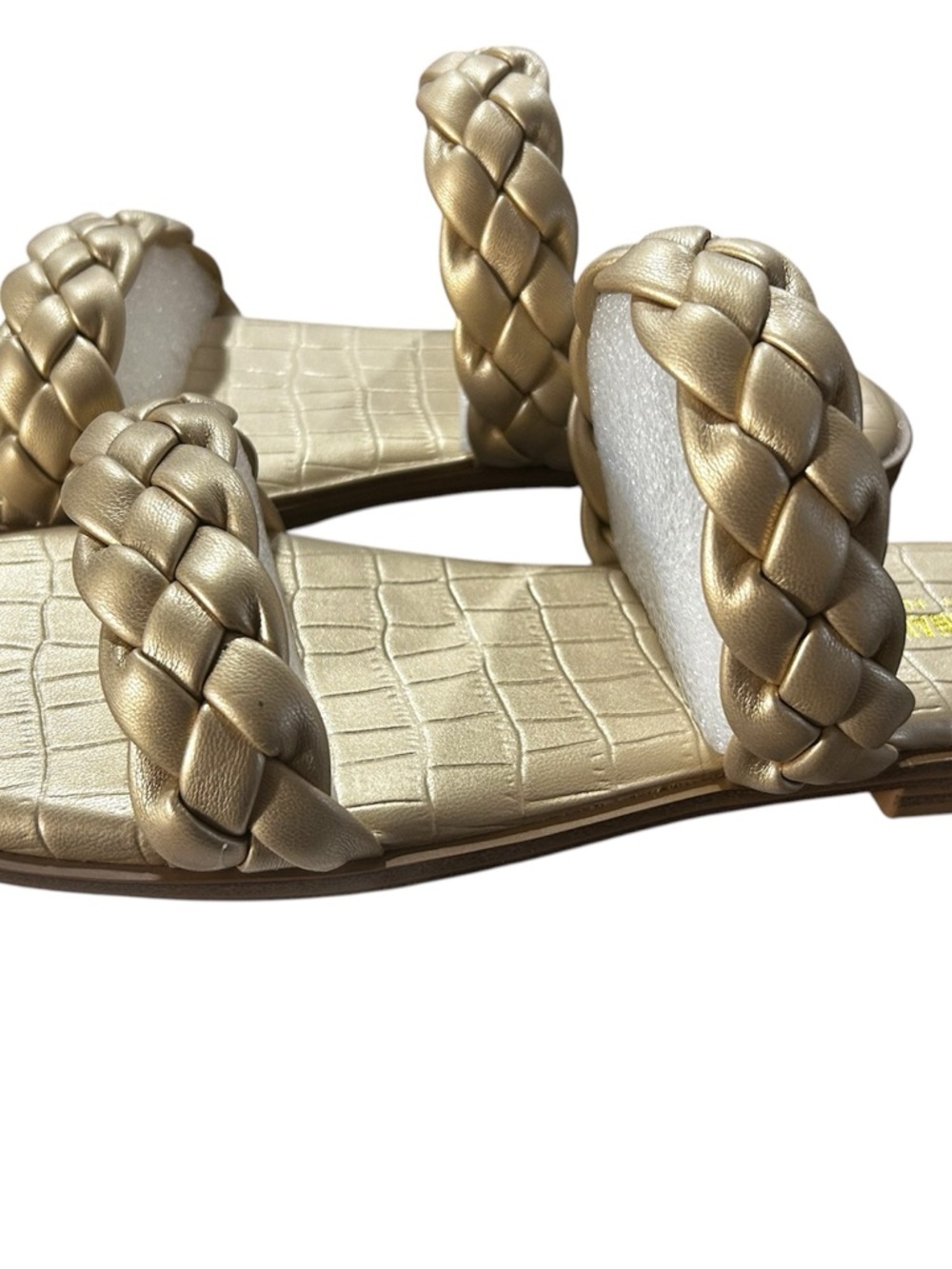 CUSHIONAIRE Memory Foam Braided Double-Strap Metallic Gold Slide Sandals